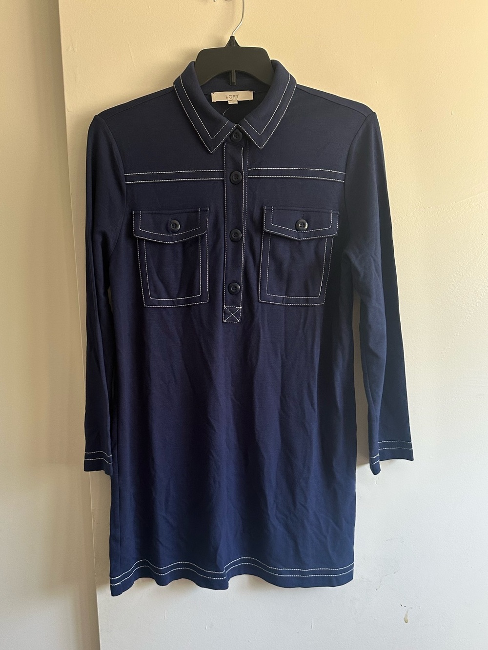 LOFT Navy Blue Long Sleeve Mini Dress with Contrast Stitching